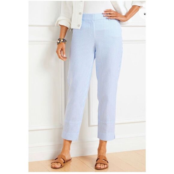 Talbots NWT/Read 100% Cotton Crop Pant Sky Blue- White Nautical Summer Stripes - Picture 1 of 15